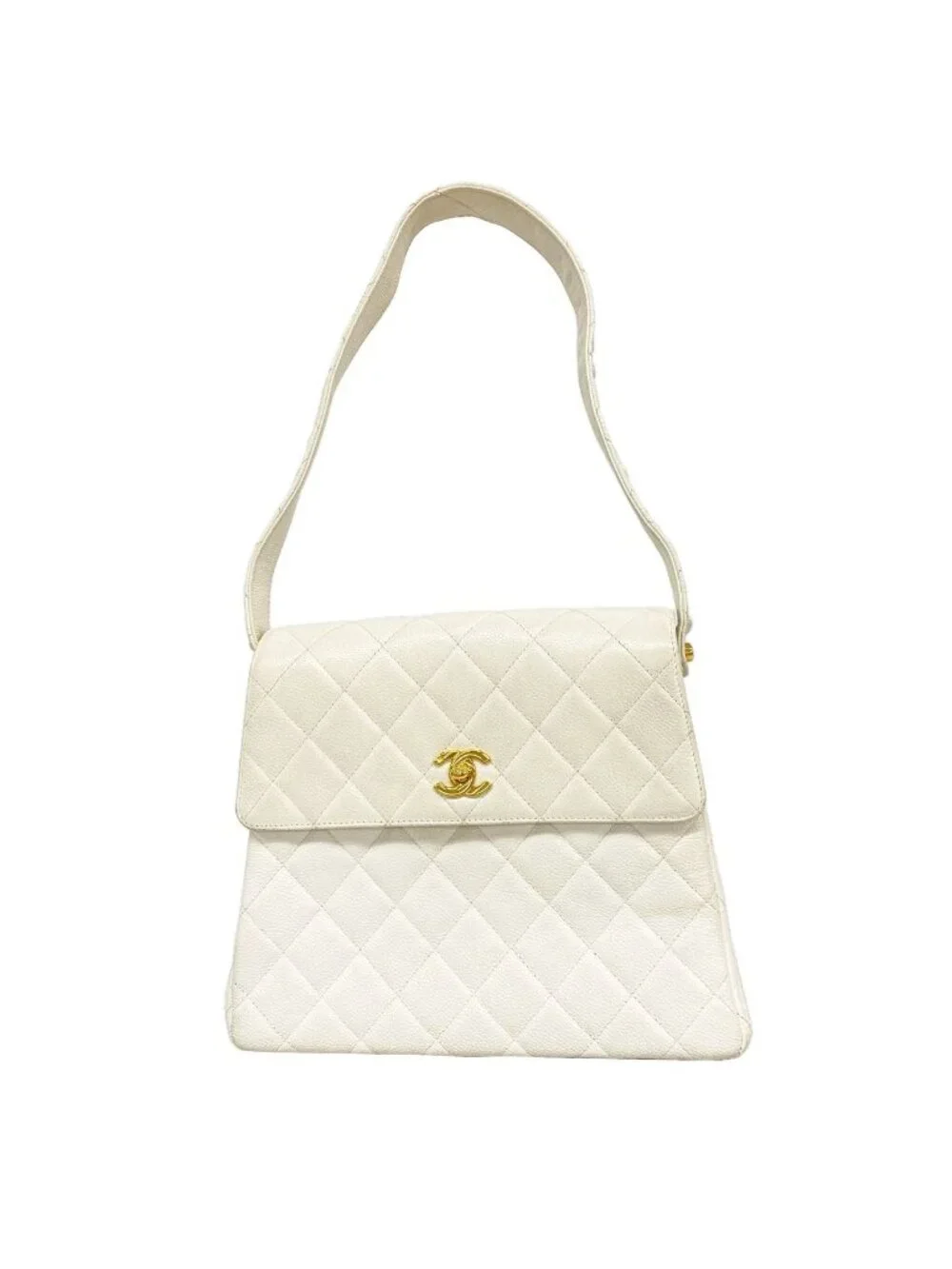 Chanel Shoulder Bag Quilted Caviar Leather White Gold